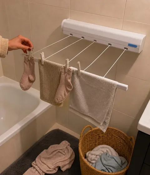 Delicates and towels drying over a bathtub