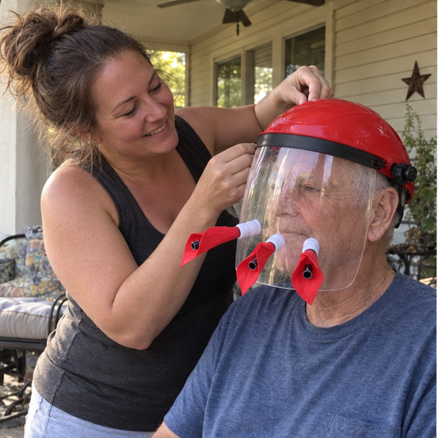 Family member helping adjust the feeder mask headband