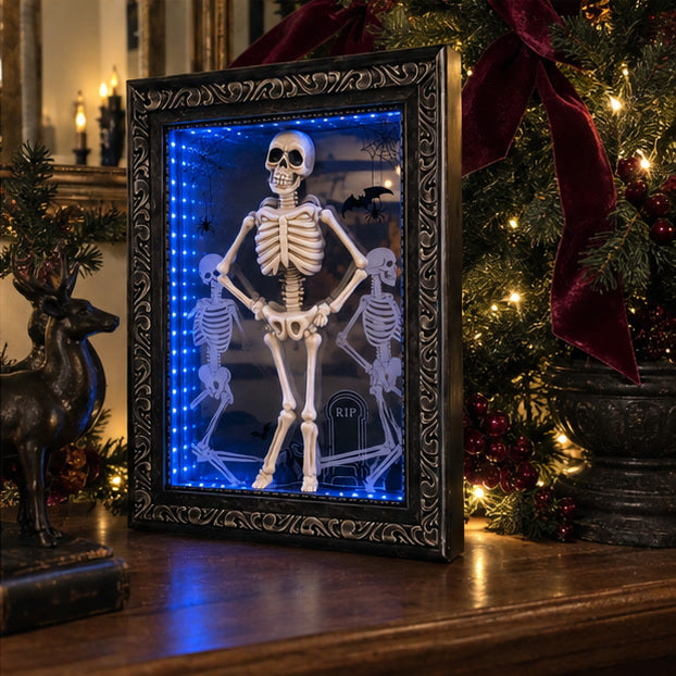 Lighted skeleton frame in a gothic Christmas shelf display