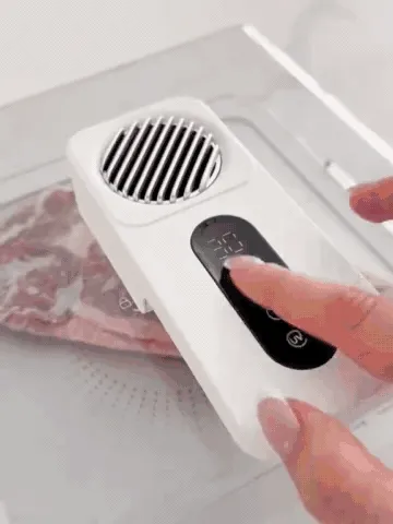 Frozen steak being placed in the covered thawing box and checked after the timer