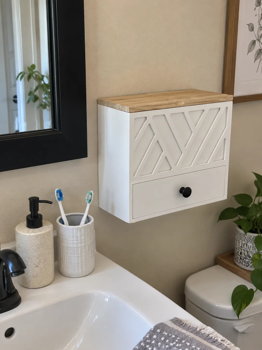 Organizer mounted beside a small bathroom sink