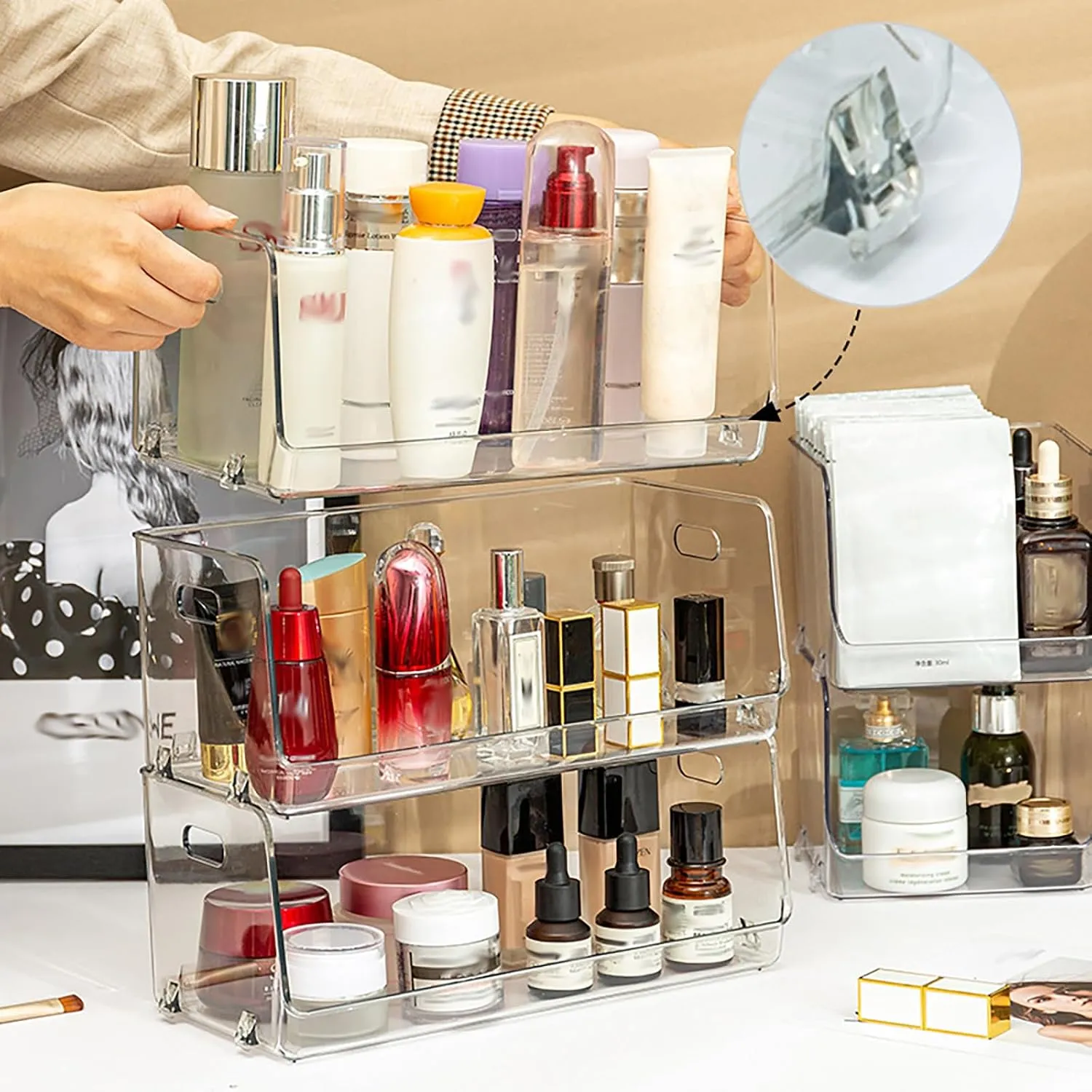 Clear open-front bins stacked with everyday essentials