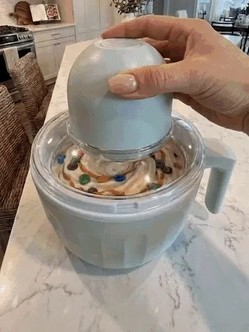 One-touch ice cream maker in use from chilled bowl to finished dessert