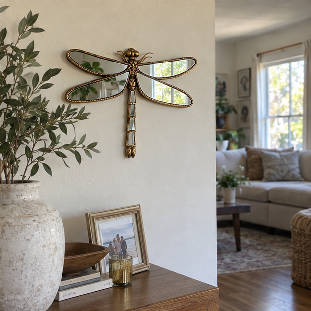 Dragonfly mirror above a living room console