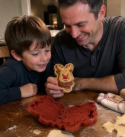 Father and child showing a homemade reindeer mini pie