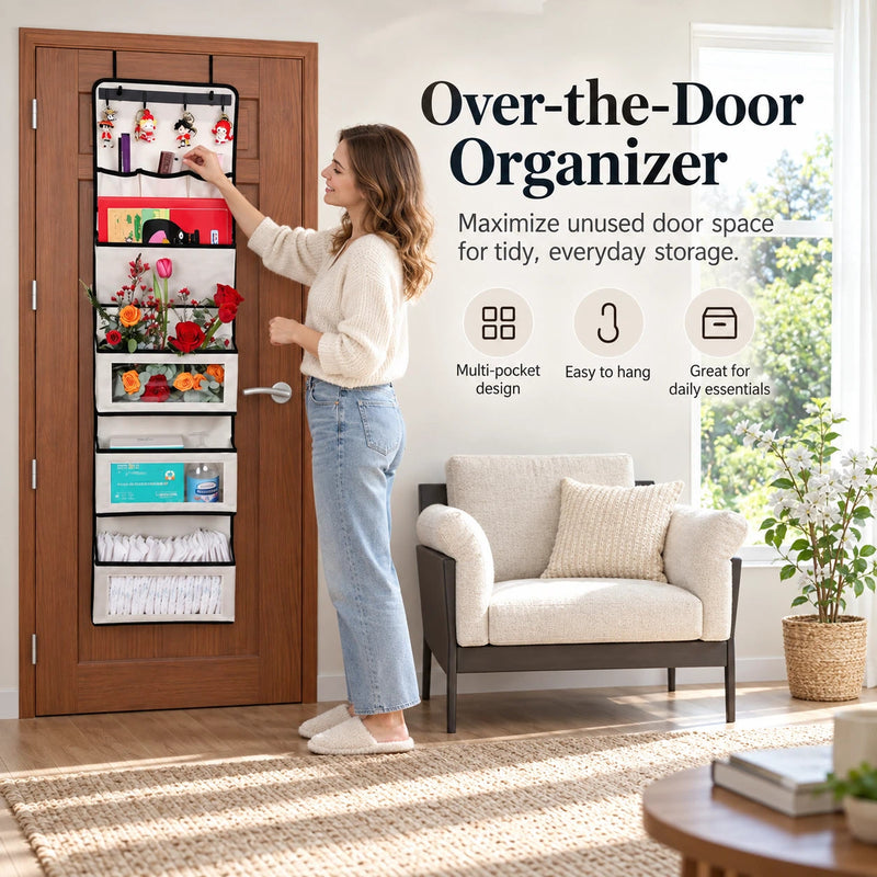 White over-the-door organizer in a bright living space