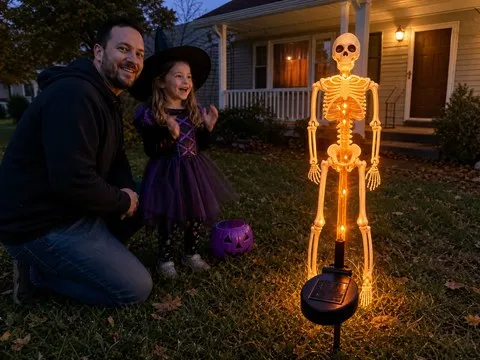 Orange solar skeleton yard stake on a family lawn