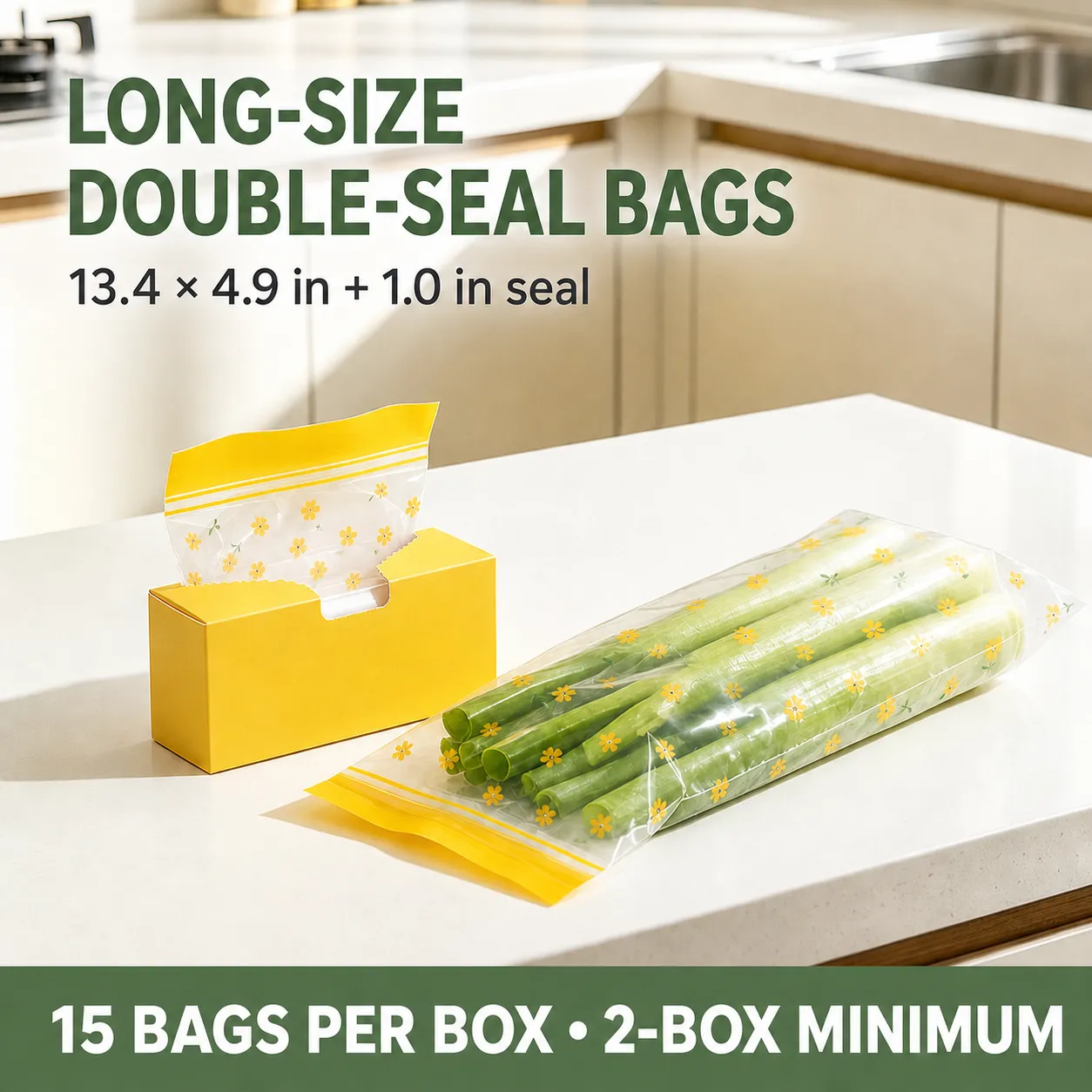 Yellow floral long-size double-seal vegetable storage bags, 15 bags per box with a 2-box minimum