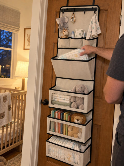 Nursery door organizer holding diapers and baby supplies