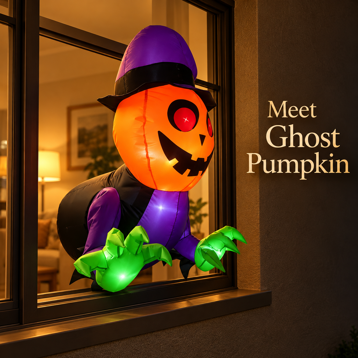 White Ghost inflatable with a skeleton dinosaur design, purple hat, and illuminated skull ball