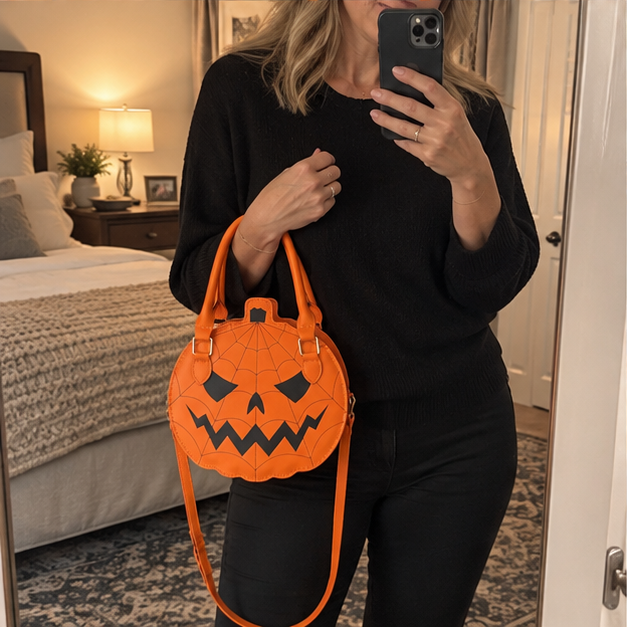 Woman styling an orange pumpkin handbag in a bedroom mirror