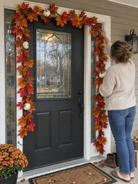 Fall garland arranged around a front door