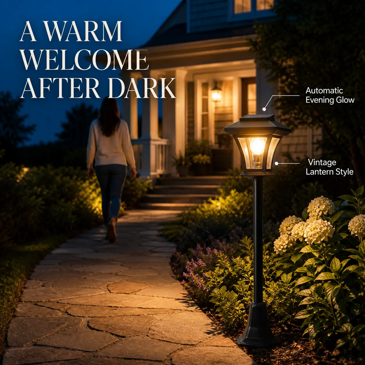 Warm solar lantern welcoming a homeowner after dark