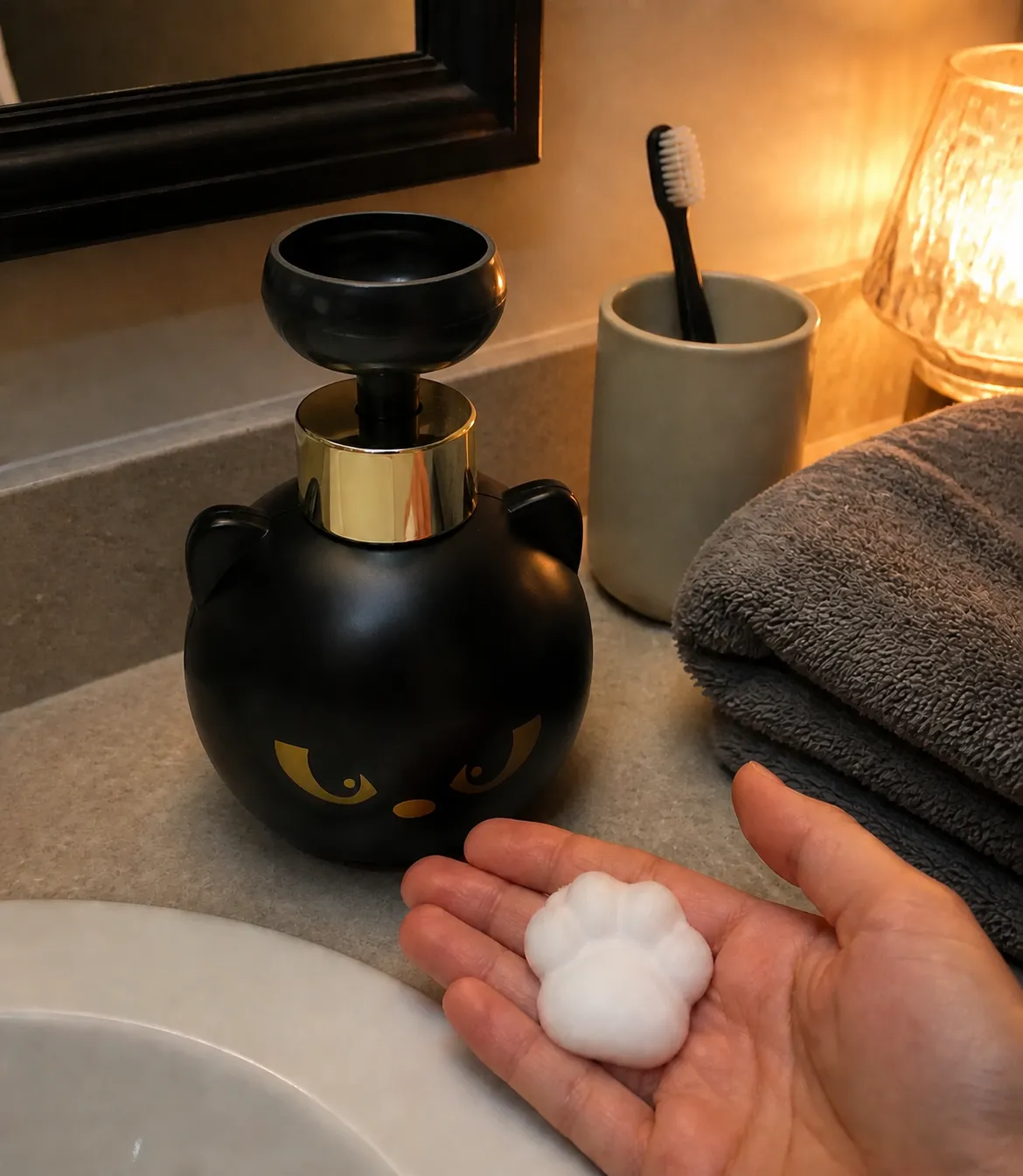 Cat dispenser on a warmly lit guest vanity