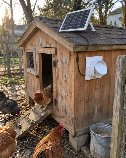 Solar exhaust fan and panel installed on a wooden chicken coop