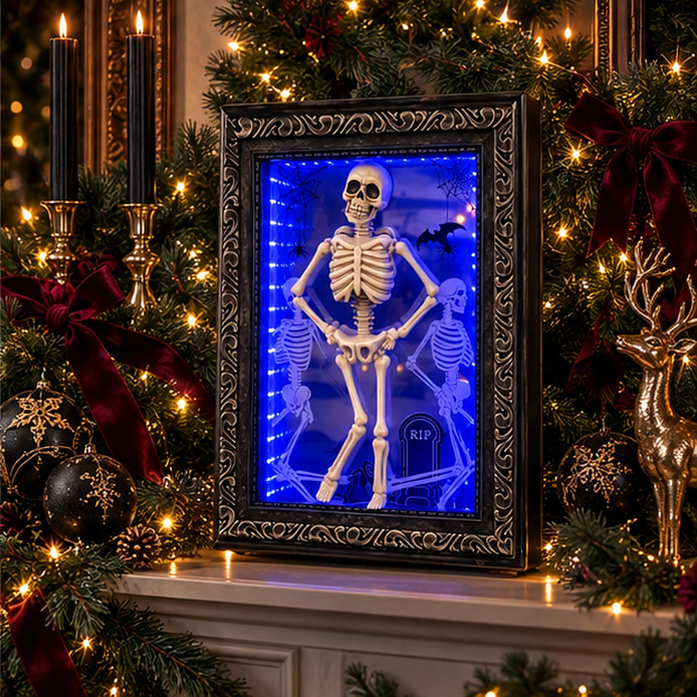 Lighted skeleton frame in a gothic Christmas mantel display