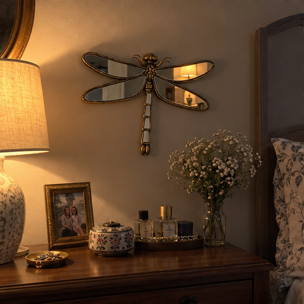 Dragonfly mirror above a bedroom dresser at dusk