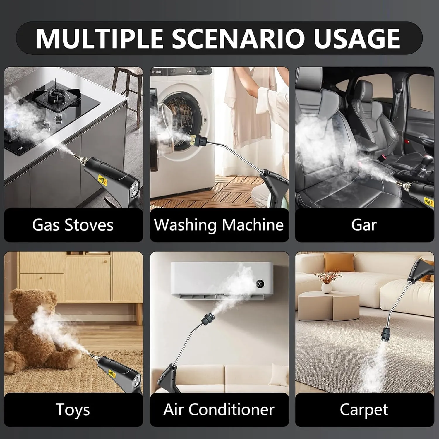 Steam cleaner shown in kitchen, bathroom, upholstery, and auto cleaning situations