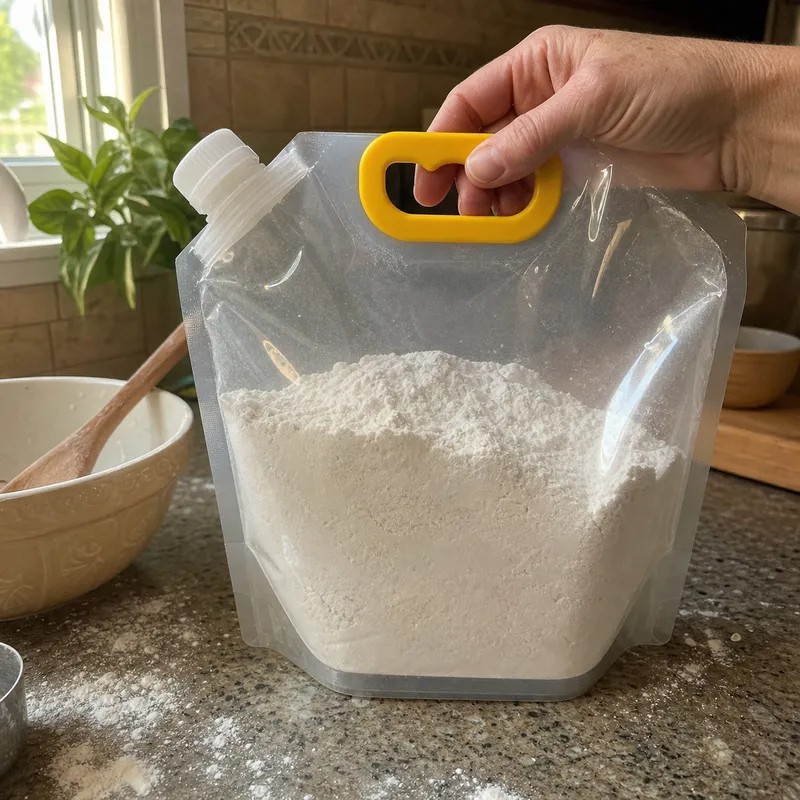 Flour storage pouch on a home baking counter