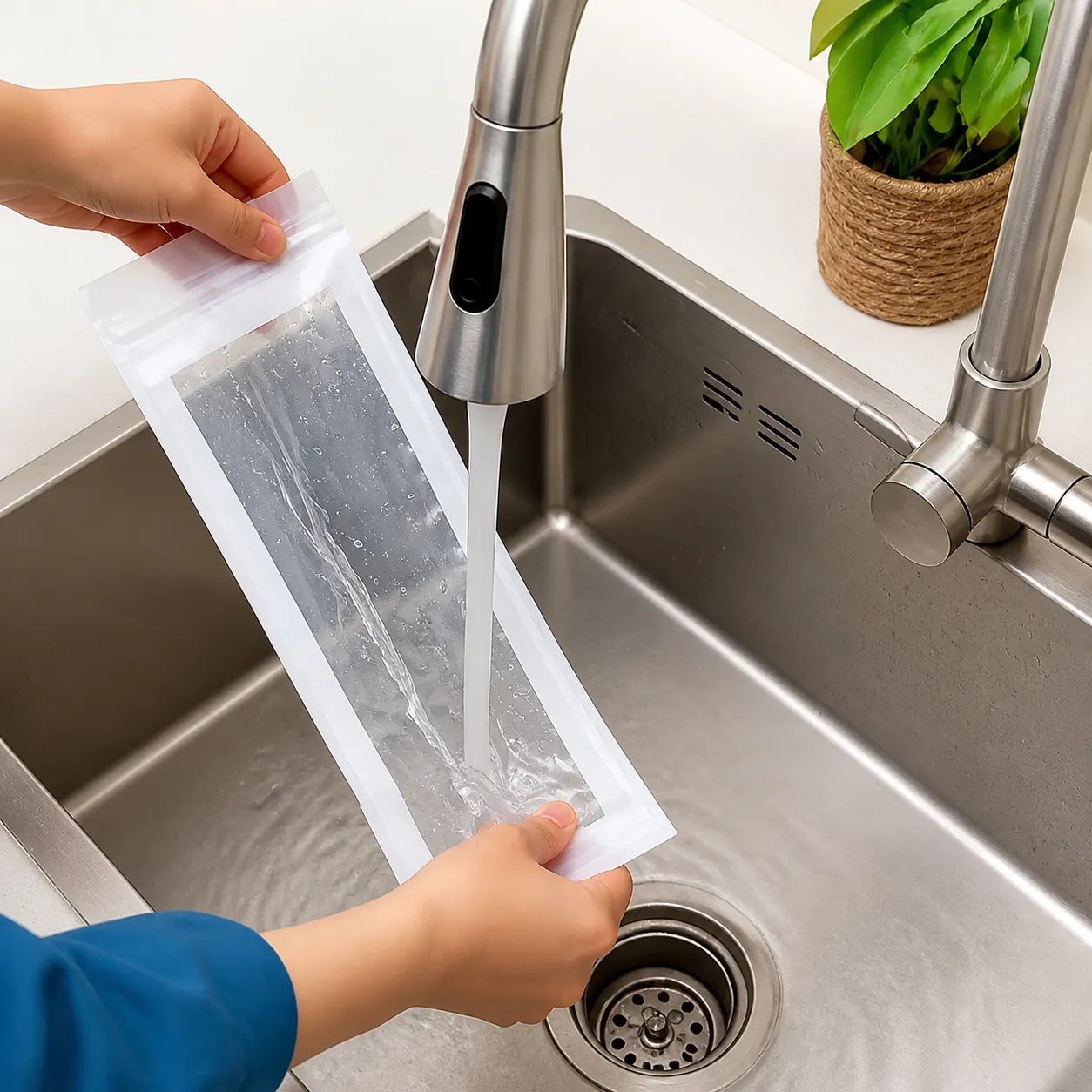 A clear vegetable storage bag being rinsed under a kitchen faucet