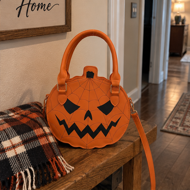 Orange pumpkin handbag on a hallway bench beside a plaid scarf