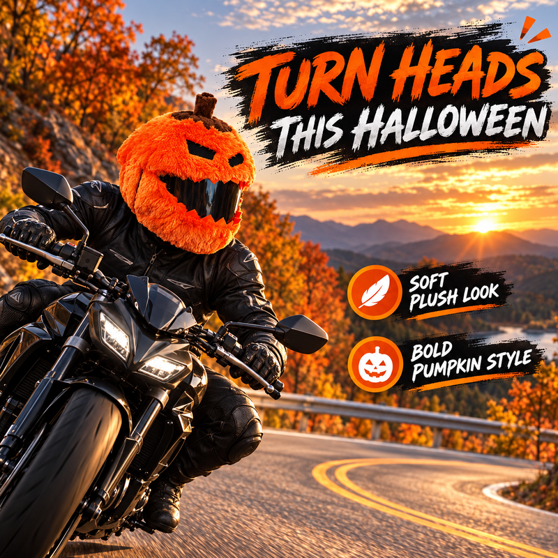 Rider wearing the Pumpkin-style plush motorcycle helmet cover on an autumn road