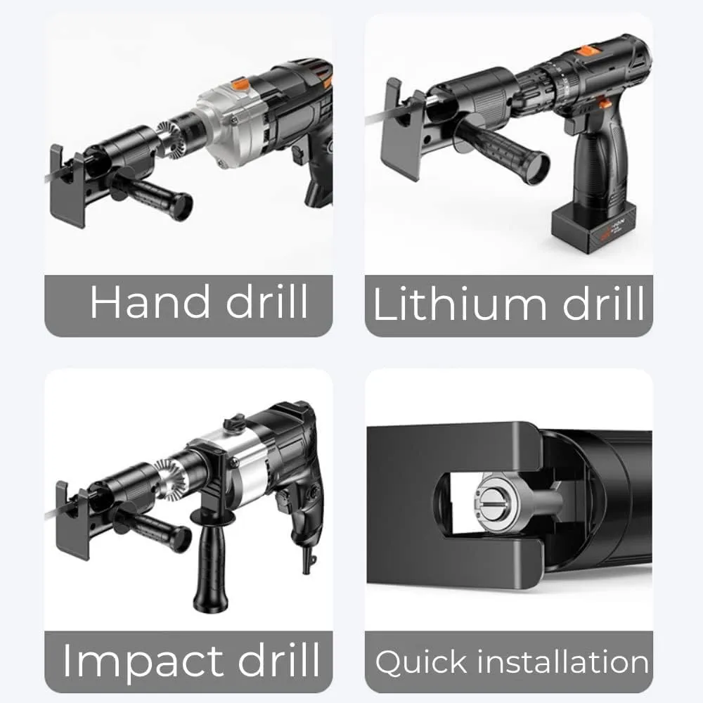 Drill jigsaw adapter shown with several common drill styles