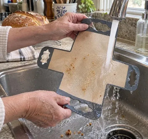 Reusable bread sling being rinsed at a kitchen sink