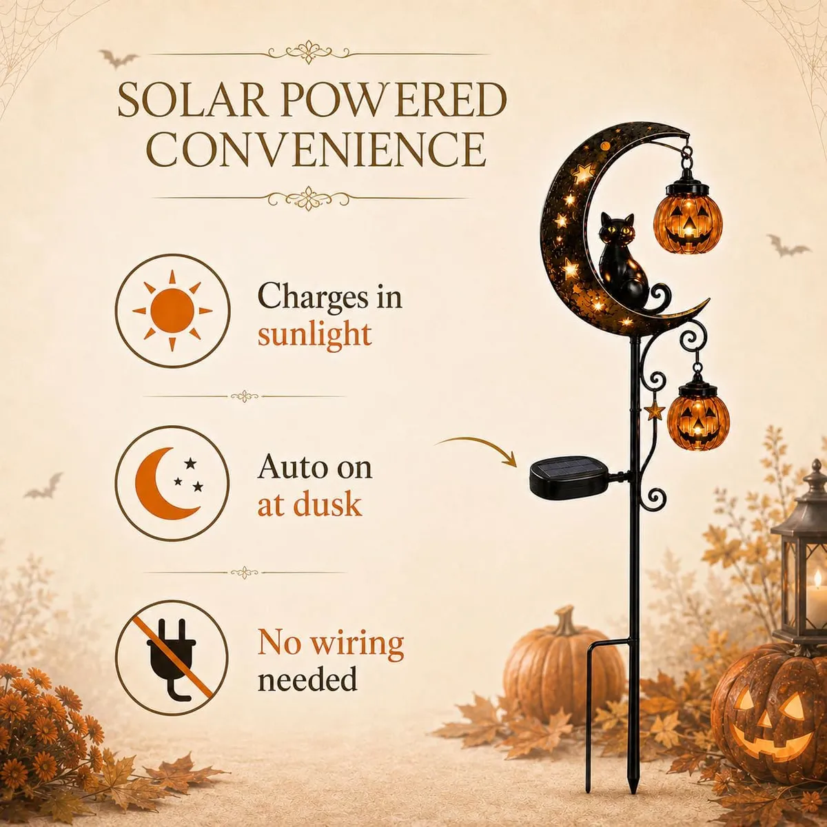 Solar pumpkin moon light displayed by a flower bed, pathway, and entryway