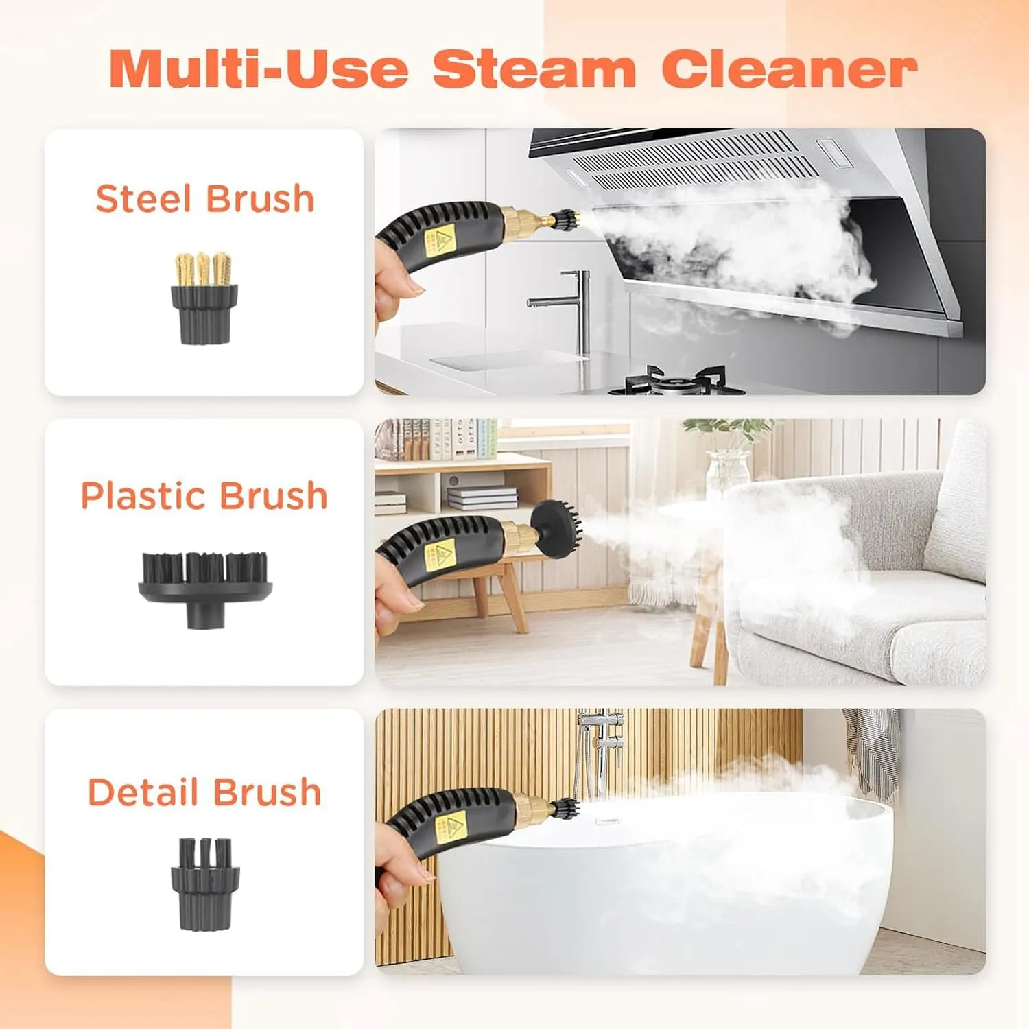 Included steam cleaner attachments shown on different household surfaces