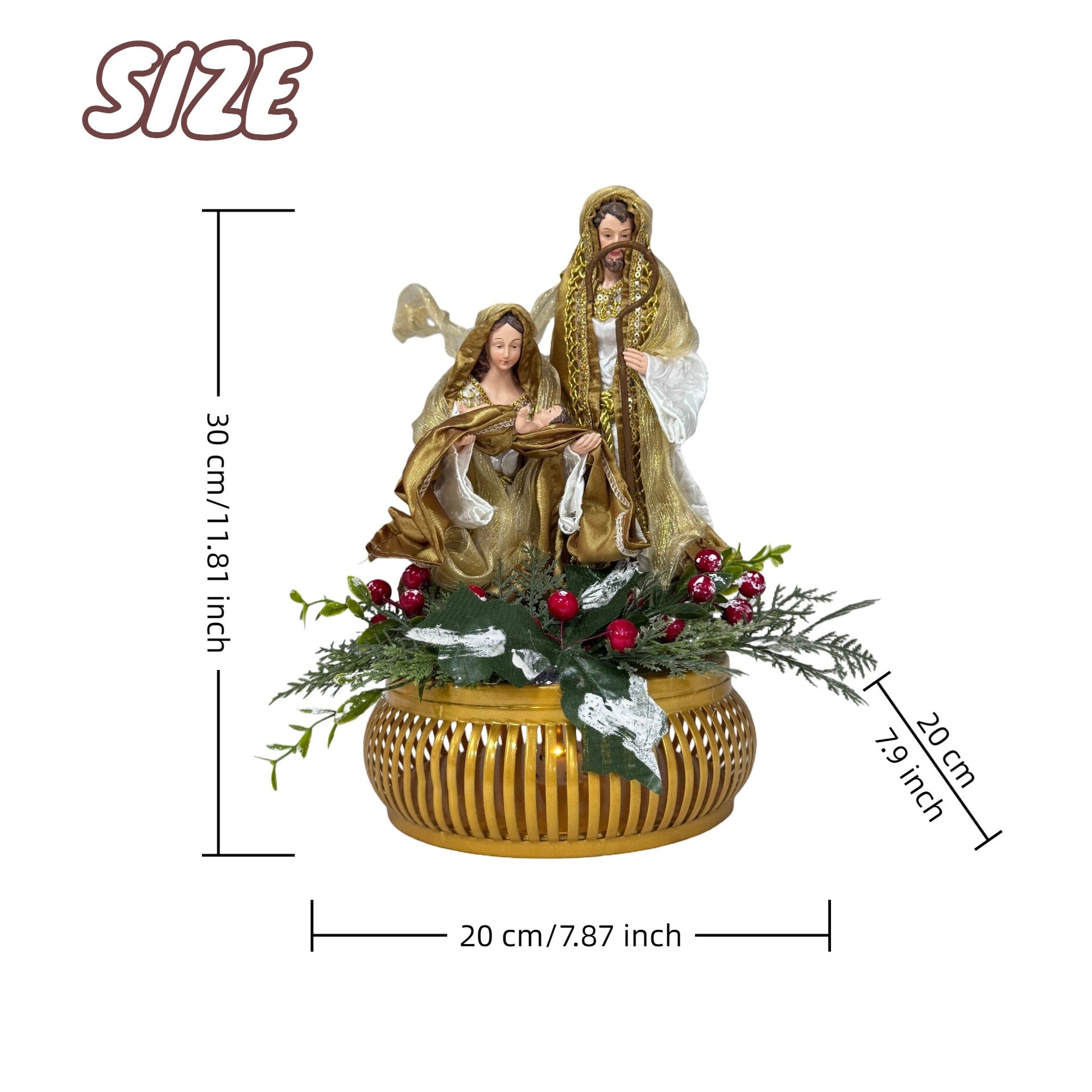 Gold base Holy Family nativity size guide