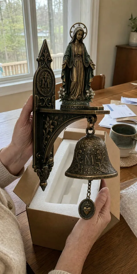 Our Lady wall bell being lifted from a plain gift box on a family dining table