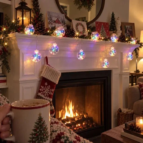 Colorful crackle globe lights draped over a cozy family fireplace mantel