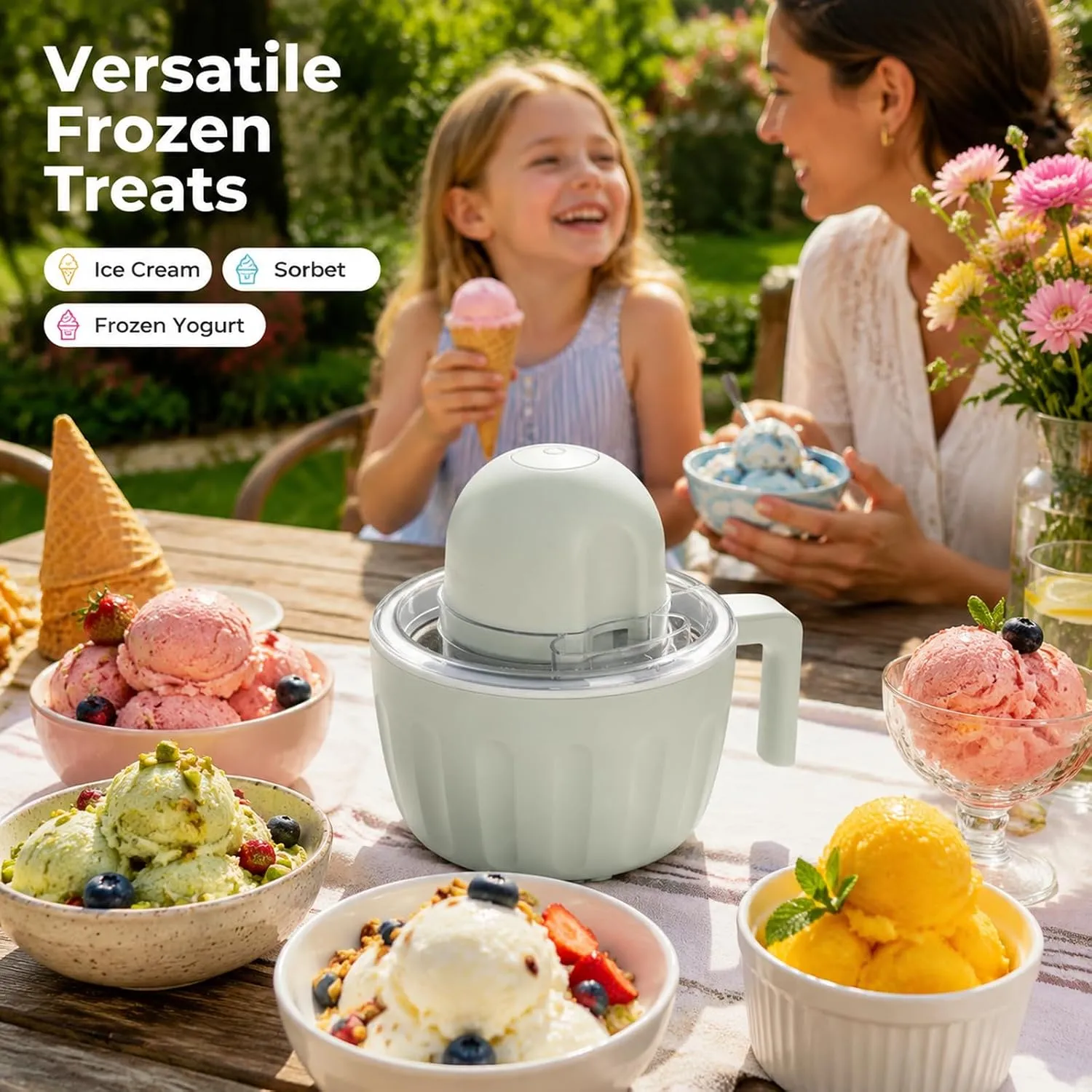 Family enjoying ice cream, sorbet, and frozen yogurt outdoors