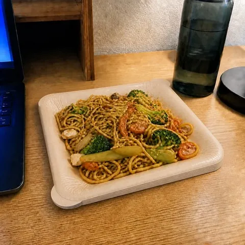Square layered peel-away plate used for a late-night noodle meal