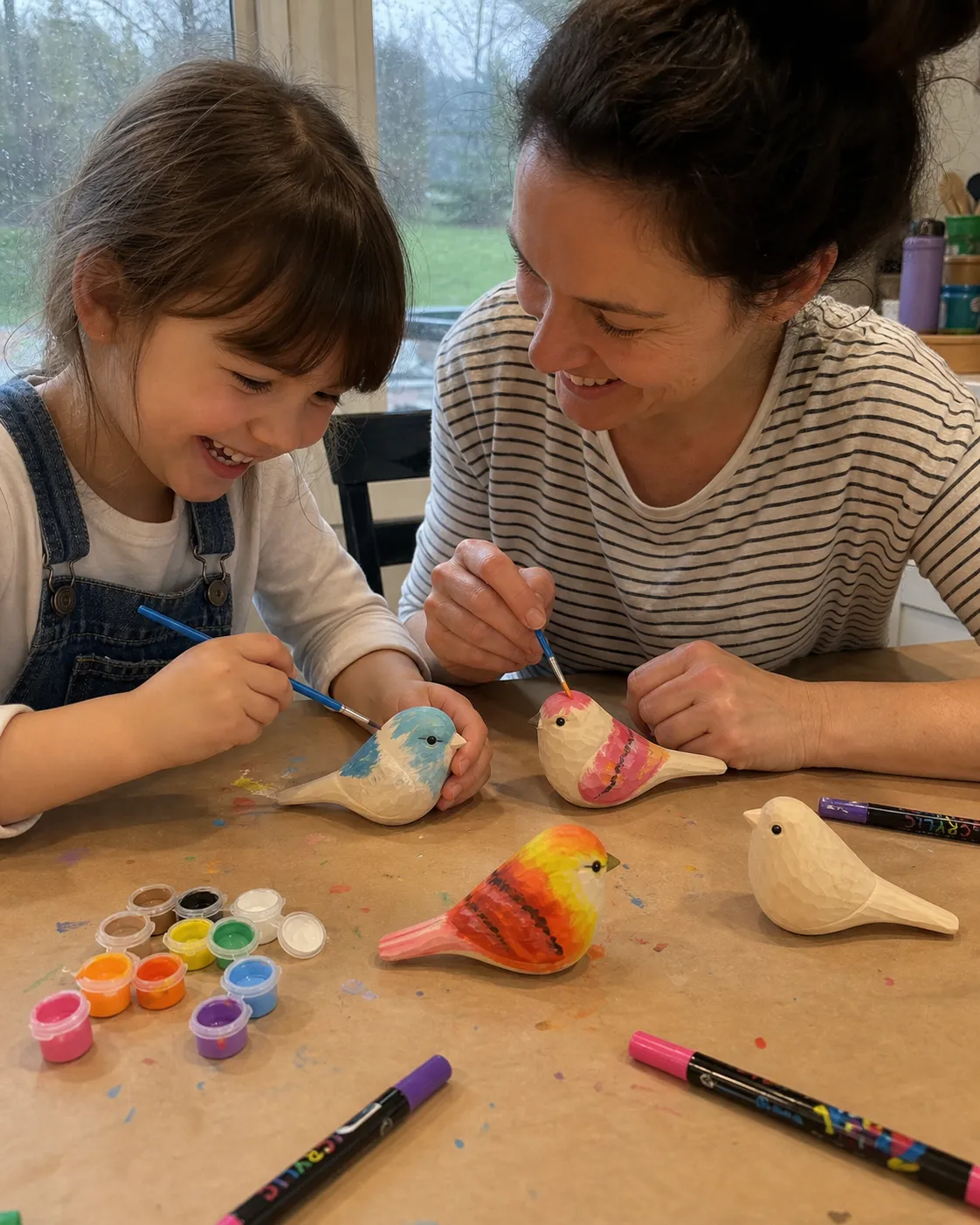 Customer painting wooden birds during a rainy weekend
