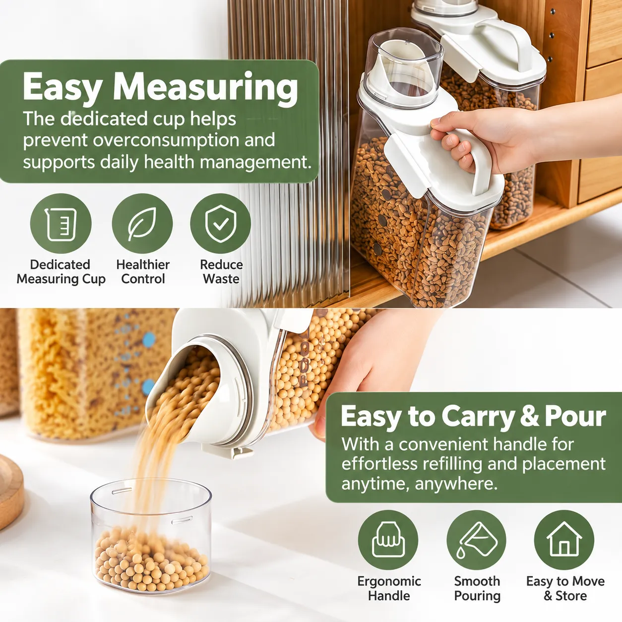 Measuring cup, ergonomic handle and smooth-pouring benefits