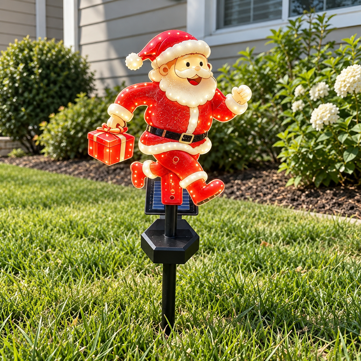 Solar stake light positioned outdoors in natural daylight