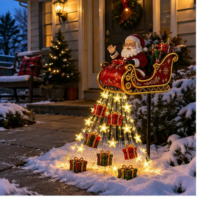 Casual phone snapshot of the Solar Santa sleigh light beside a snowy front walkway