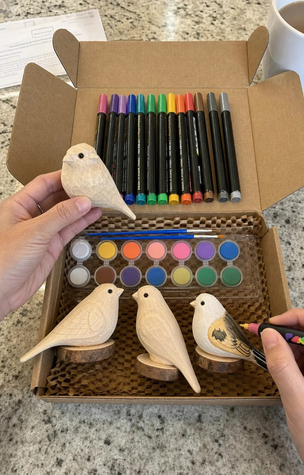 Complete wooden bird painting kit arranged by a customer