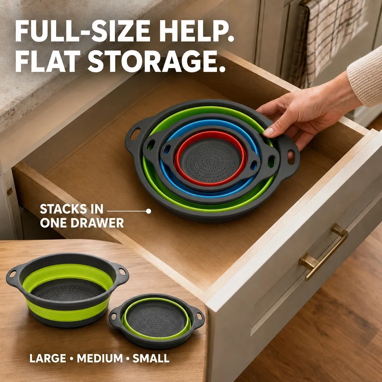 Collapsible colanders folding flat and nesting for compact storage