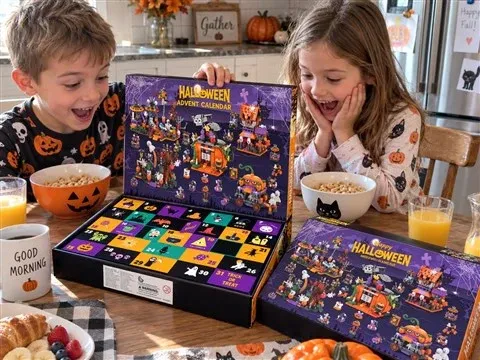 Kinder sehen die innere nummerierte Schale nach dem Öffnen der Außenbox