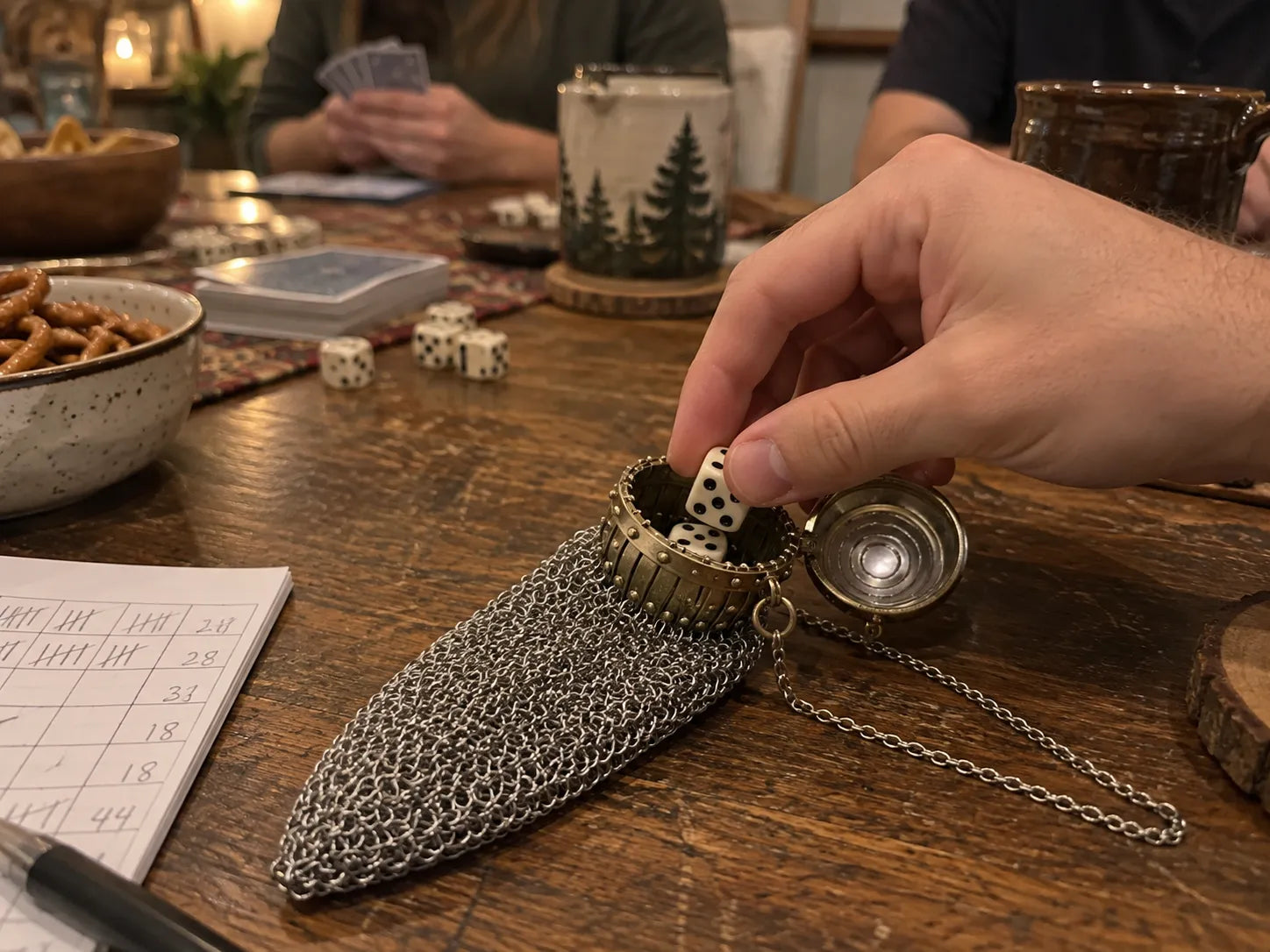 Open chain-mesh purse holding dice during a home game night