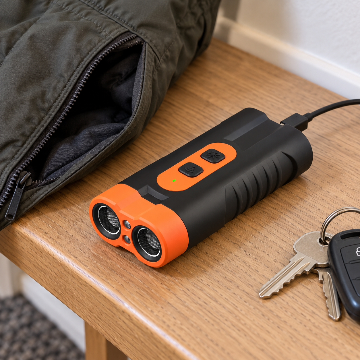 QG-07 beside a jacket pocket and connected for Type-C charging