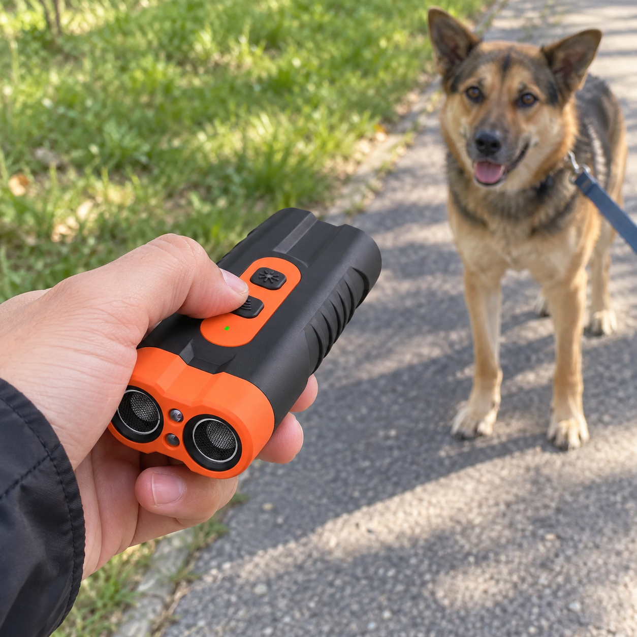Hand holding QG-07 as a non-contact attention cue