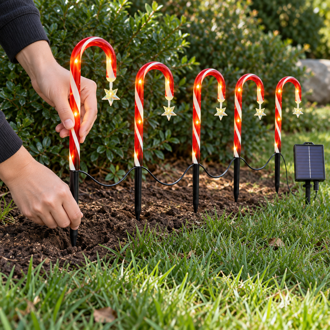 Hands placing one light stake into soft garden soil