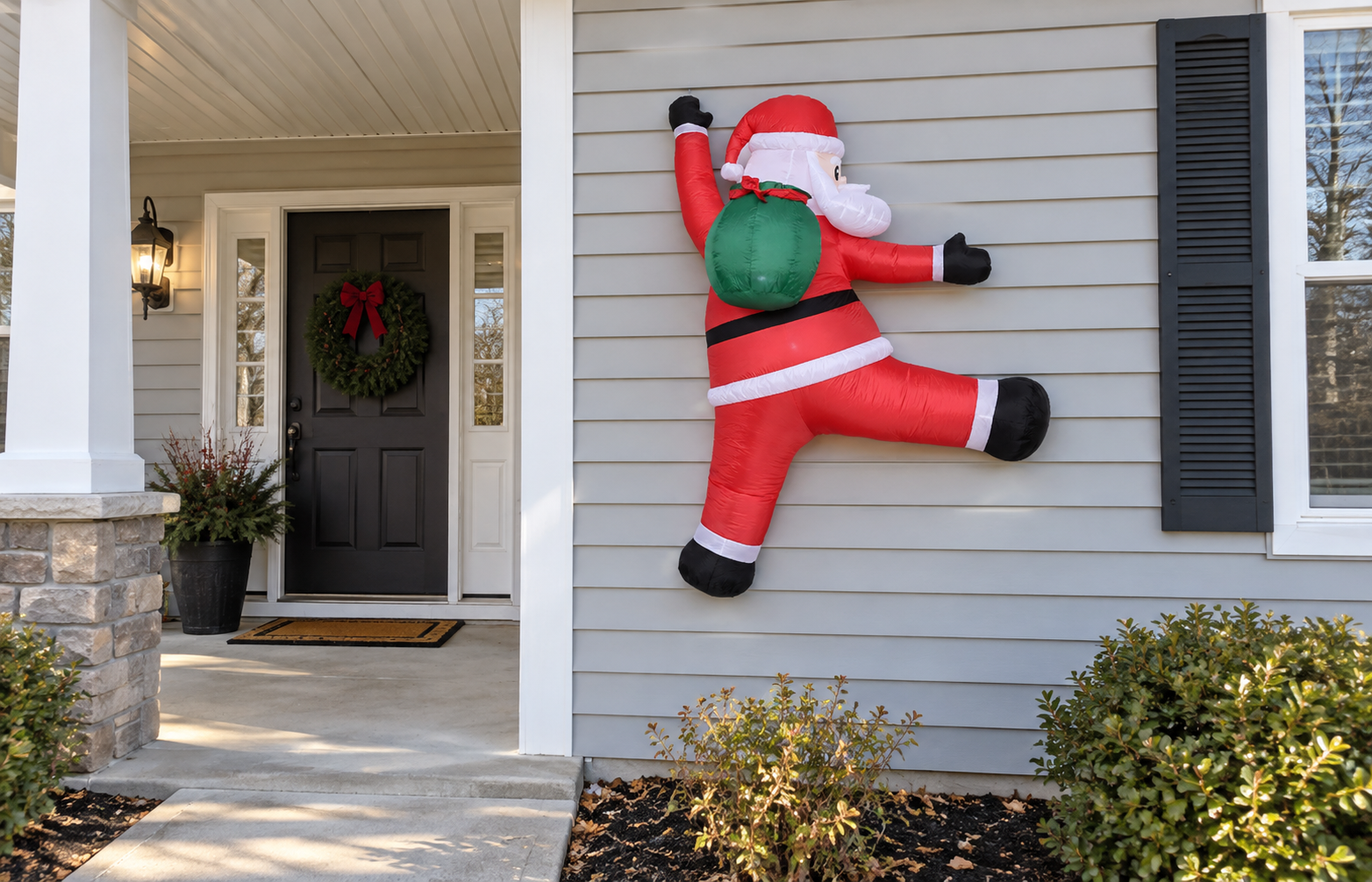 Climbing Santa fully visible beside a porch entry with a clear walkway