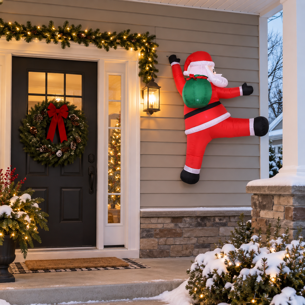 Wall-climbing Santa displayed beside a porch entrance