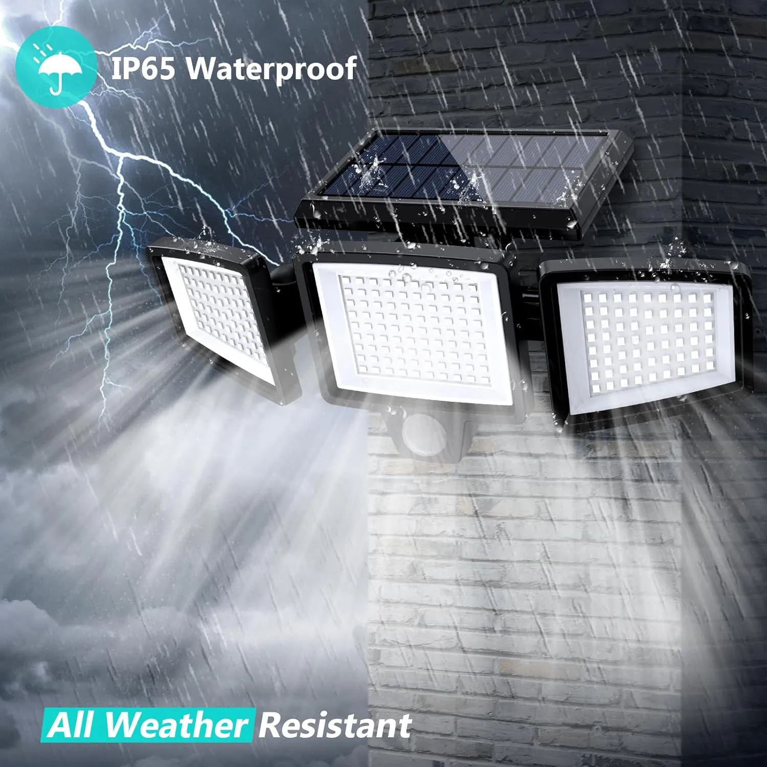Weather-resistant solar motion light illuminating an exterior wall