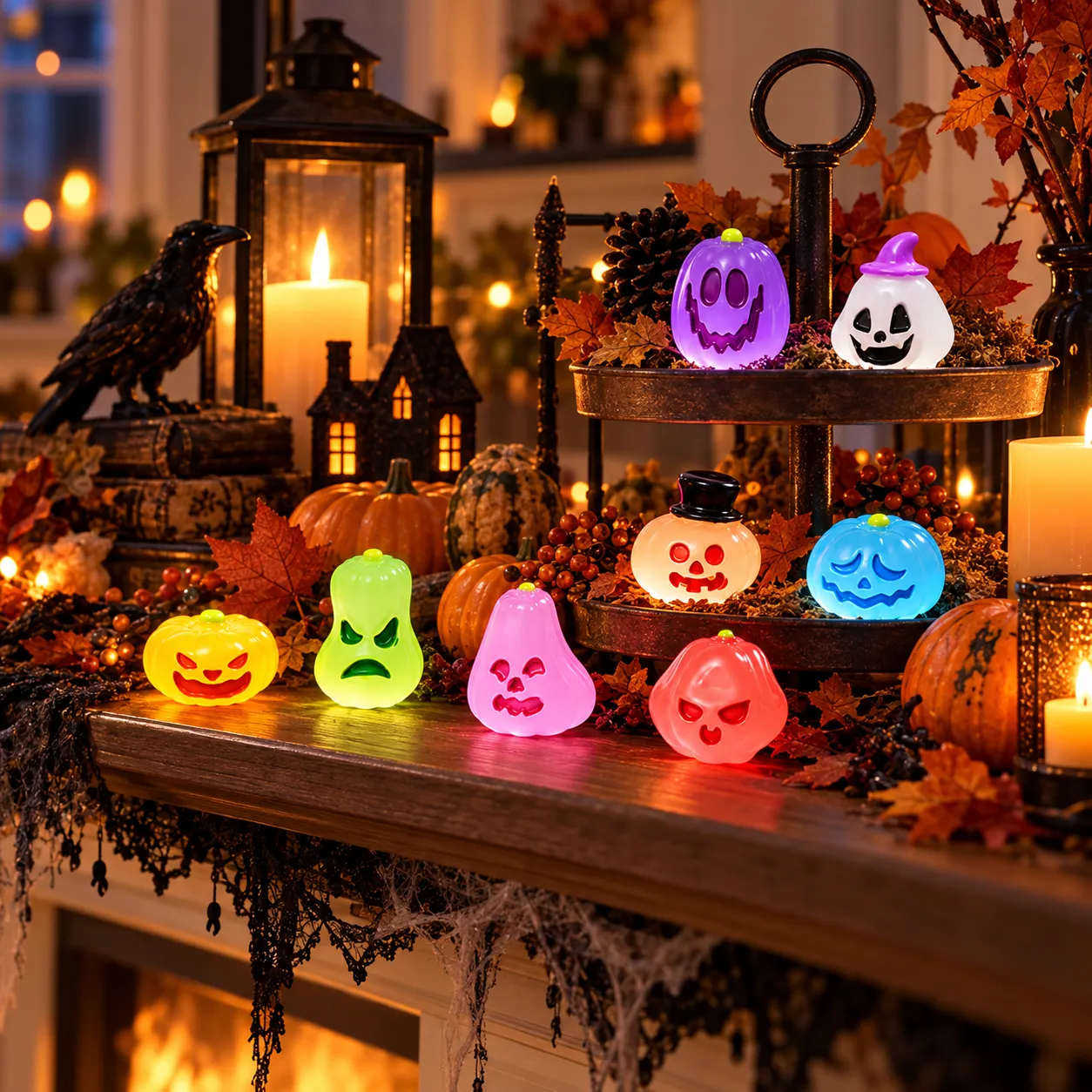 Mini glow figures on a Halloween mantel and tiered tray